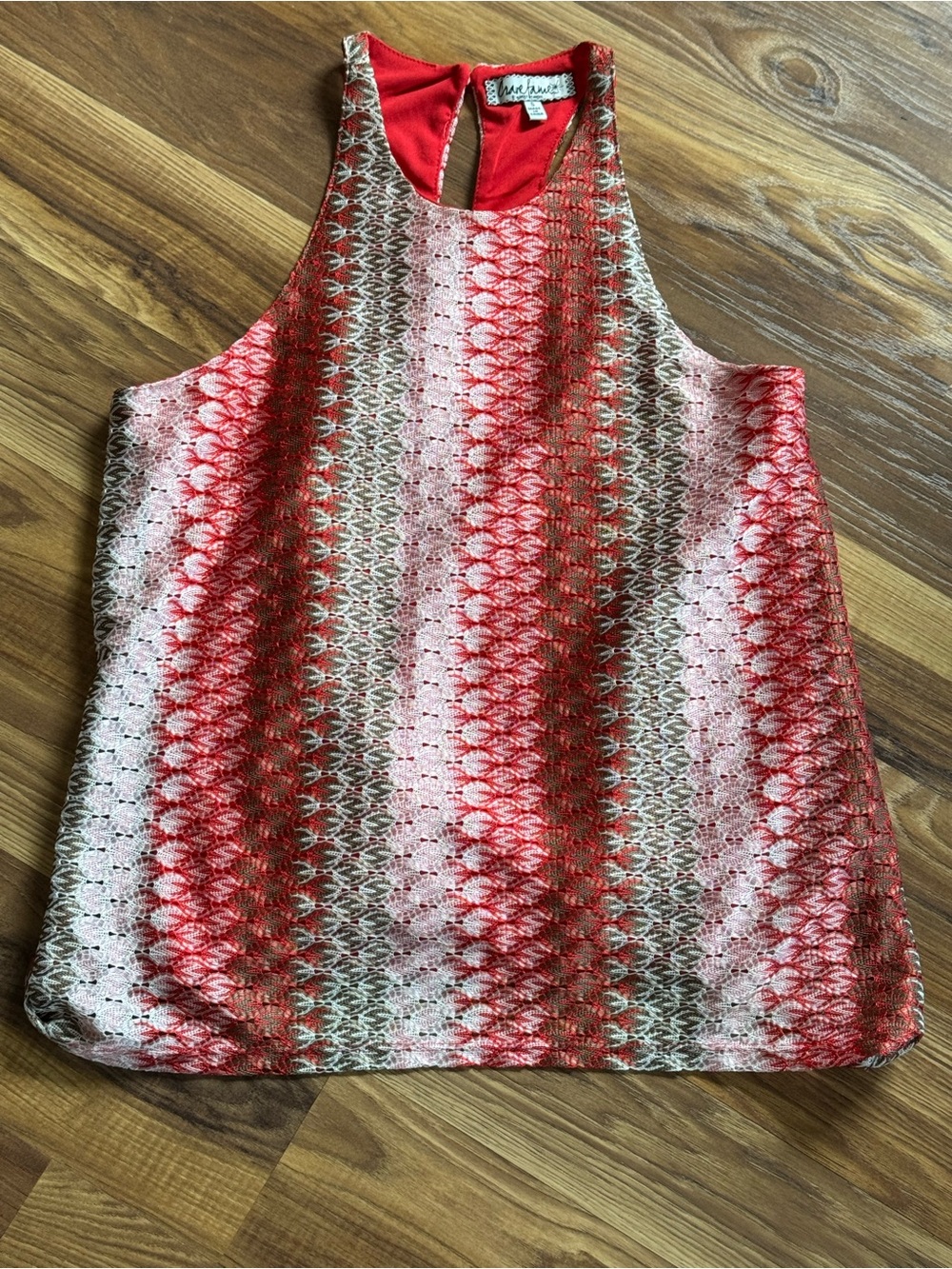 Crave Fame Women’s Boho Red White Gray Open Knit Racerback Sleeveless Top, Small